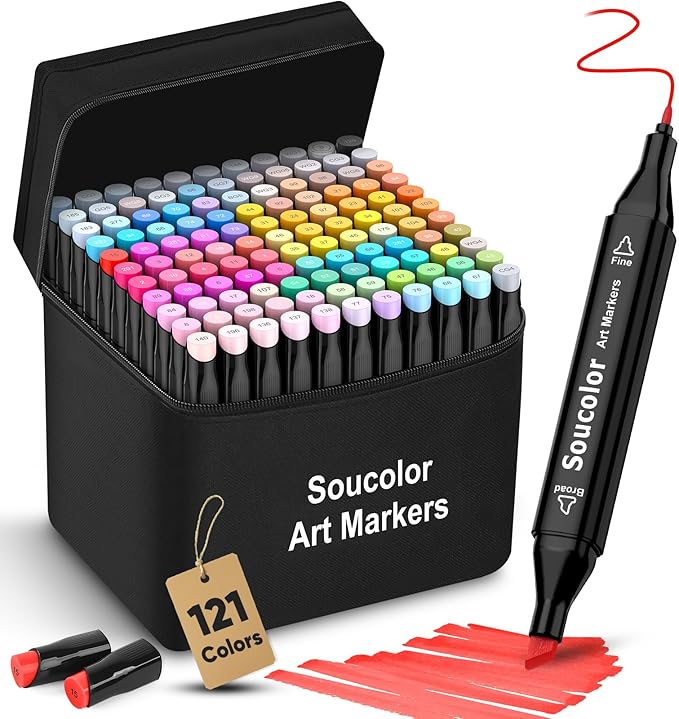 Soucolor Art Supplies for Kids Adult, Artist Art Set Kits, 120 Colors Numbered Dual Tip (Fine & Chisel) Alcohol Markers